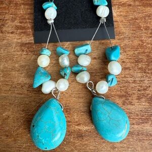 Turquoise and Pearl Drop Boho. Natural Element Earrings